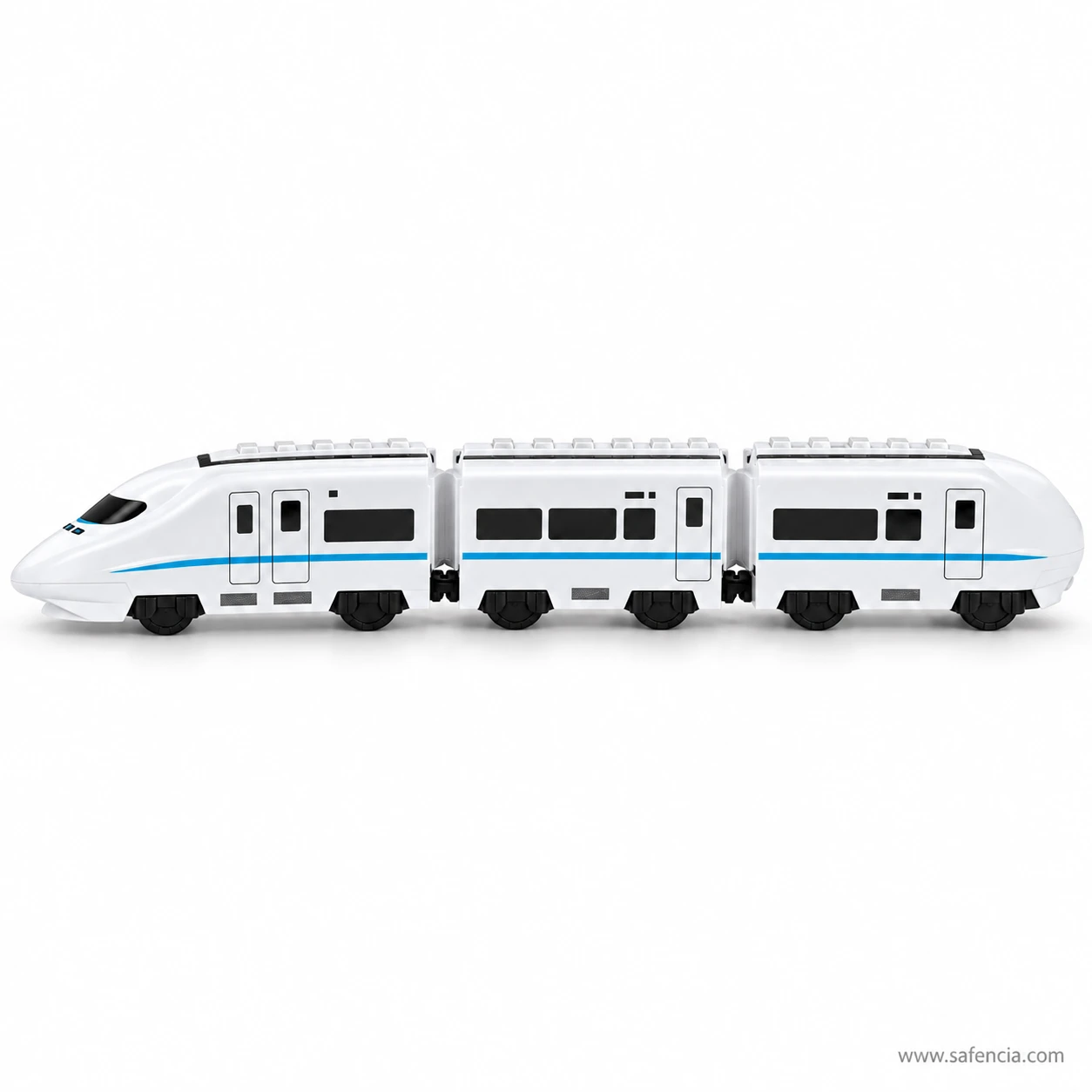 Side profile of the white bullet train with one coach taken off, showing three cars in a straight line