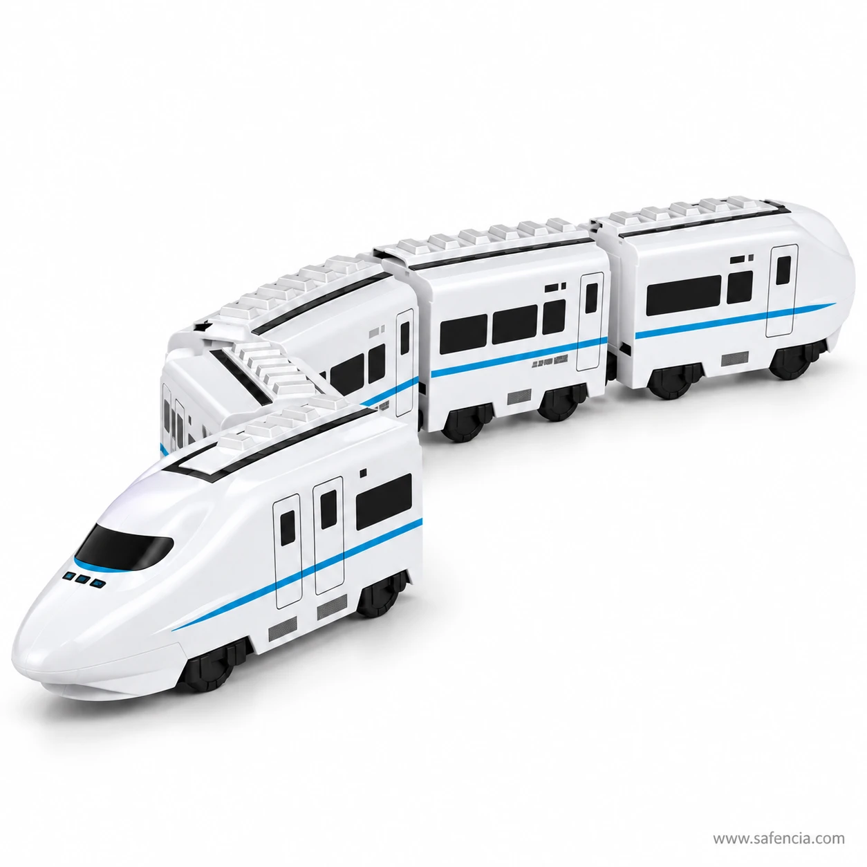 Angled view of the white bullet train toy with its nose car leading three coaches around a bend