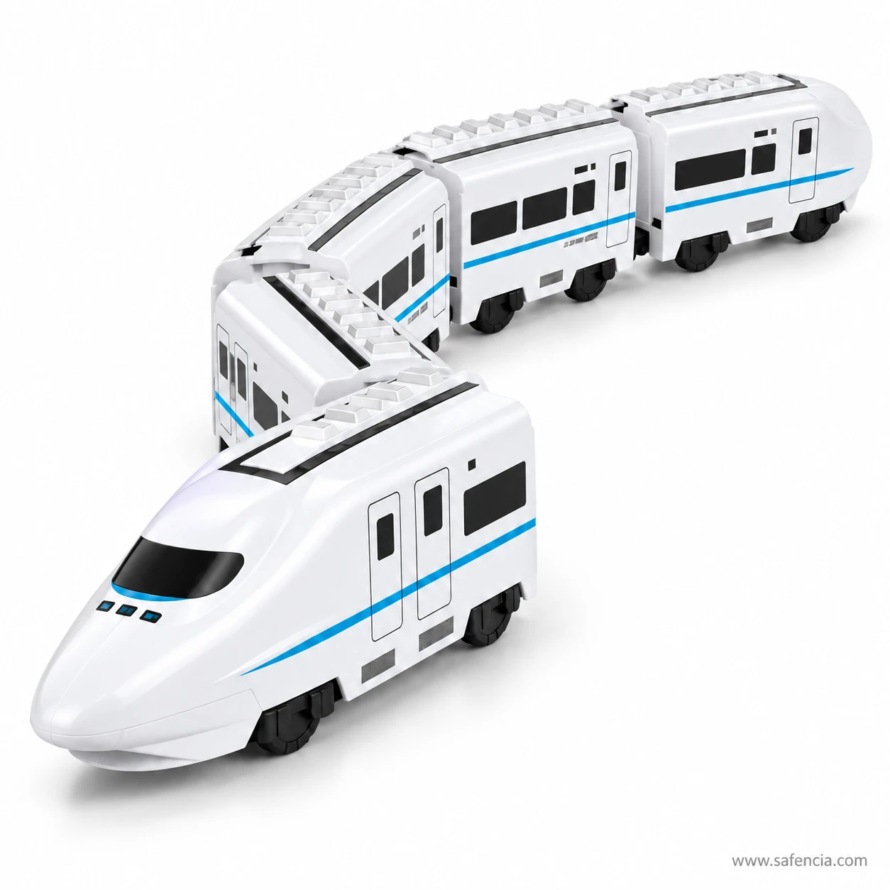 The four-car bullet train toy photographed from a higher angle showing the roof detail of all cars