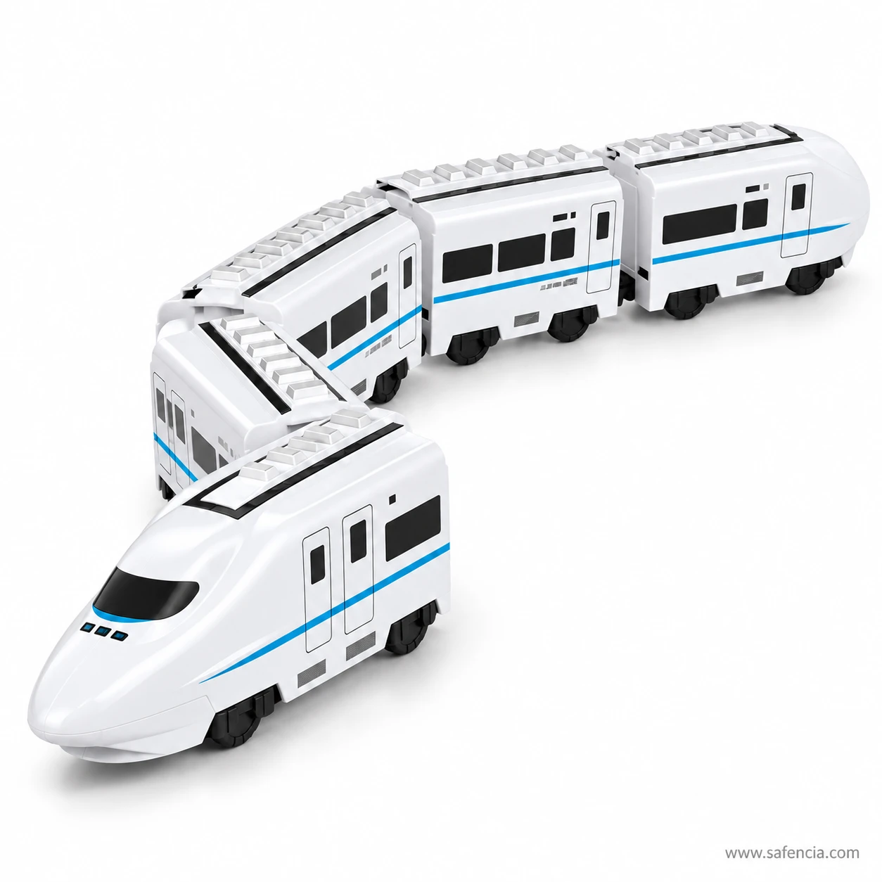 Close view of the bullet train nose car with its dark windscreen, blue stripe and ribbed white roof