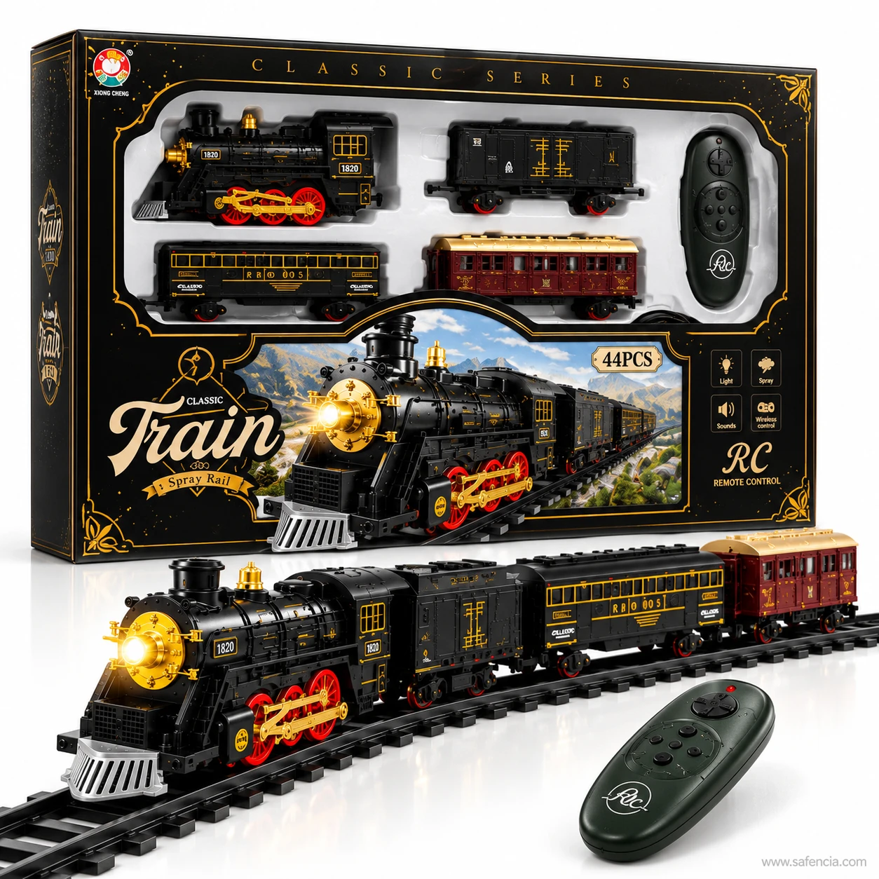 Classic Series 44PCS remote control train box standing behind the assembled black and gold train with its handset