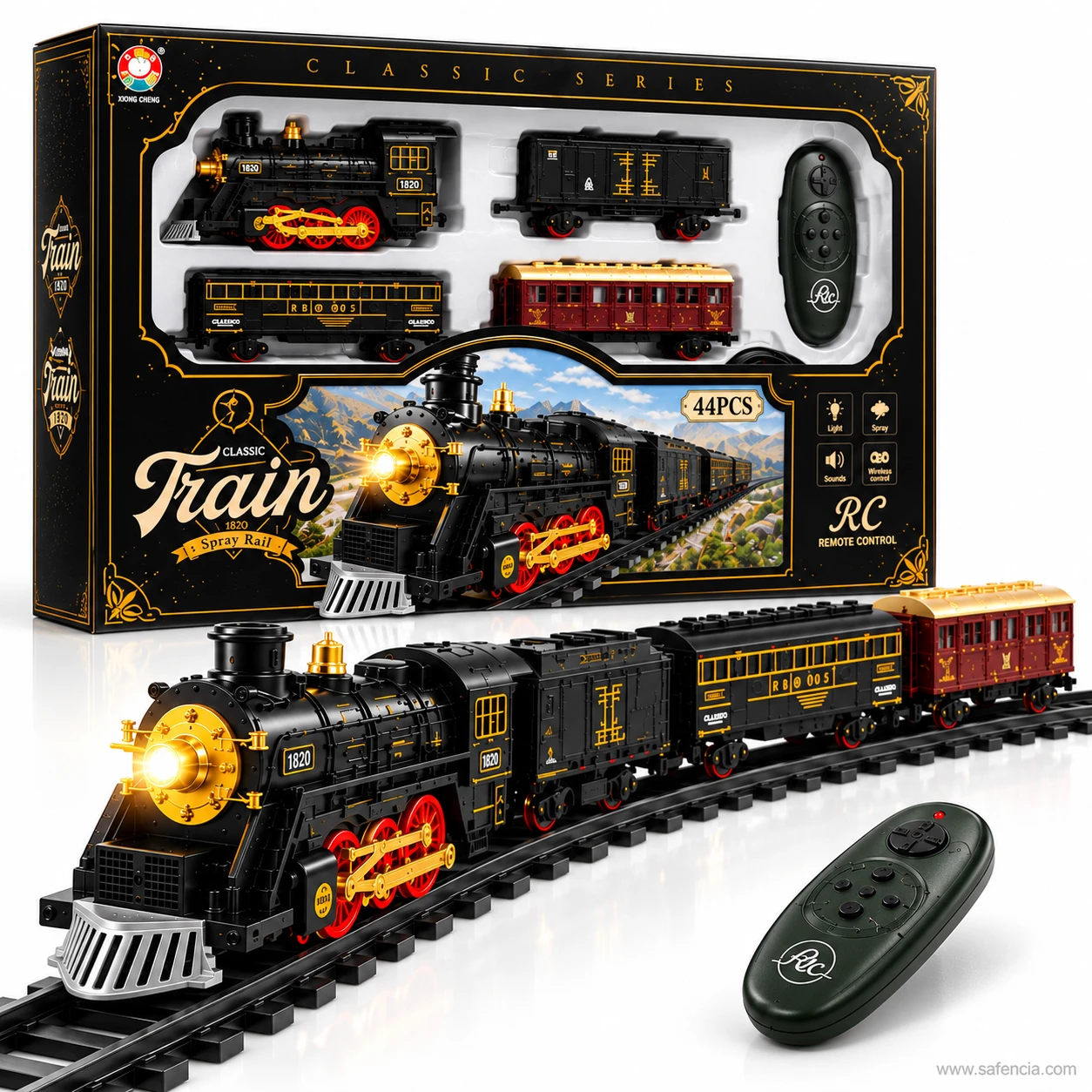 Front of the 44-piece remote control train box beside the running train on a curved section of track