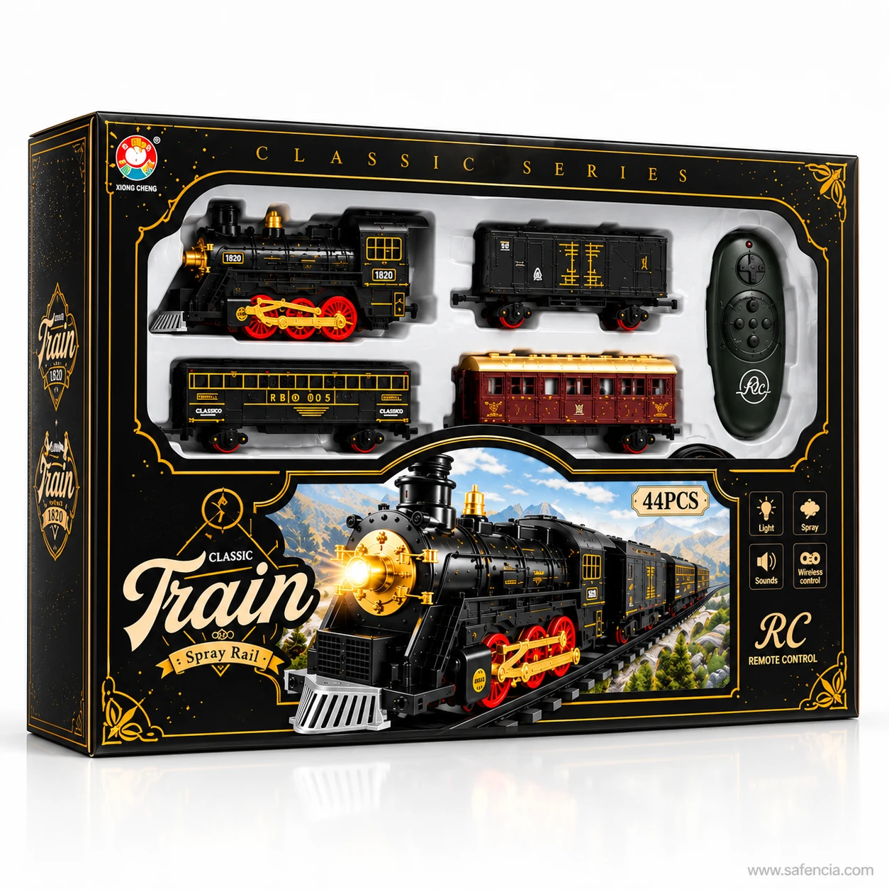 Remote control classic train set sitting in its moulded packaging tray with the handset beside the vehicles