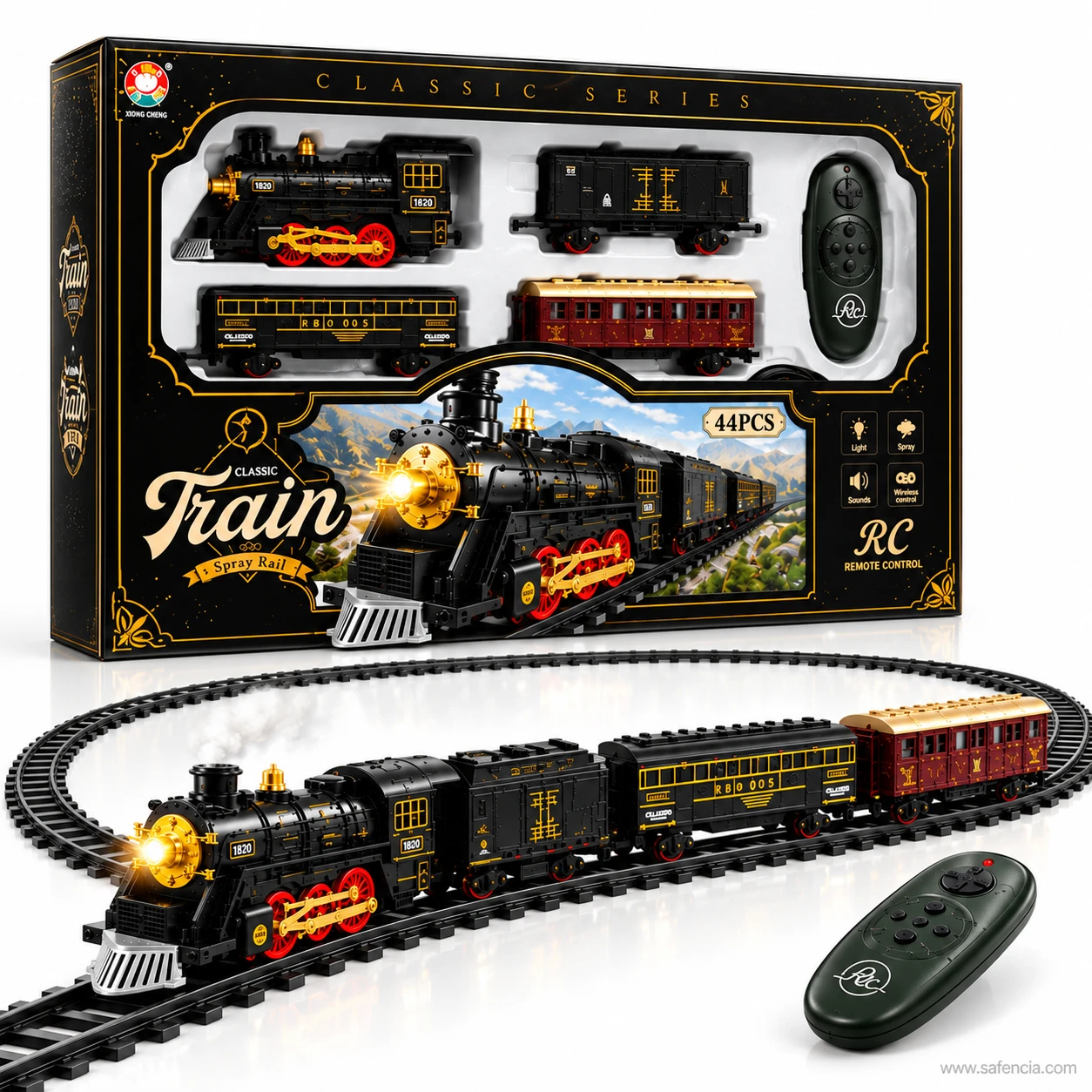 Remote control classic train running on its assembled loop of track with the retail box behind it