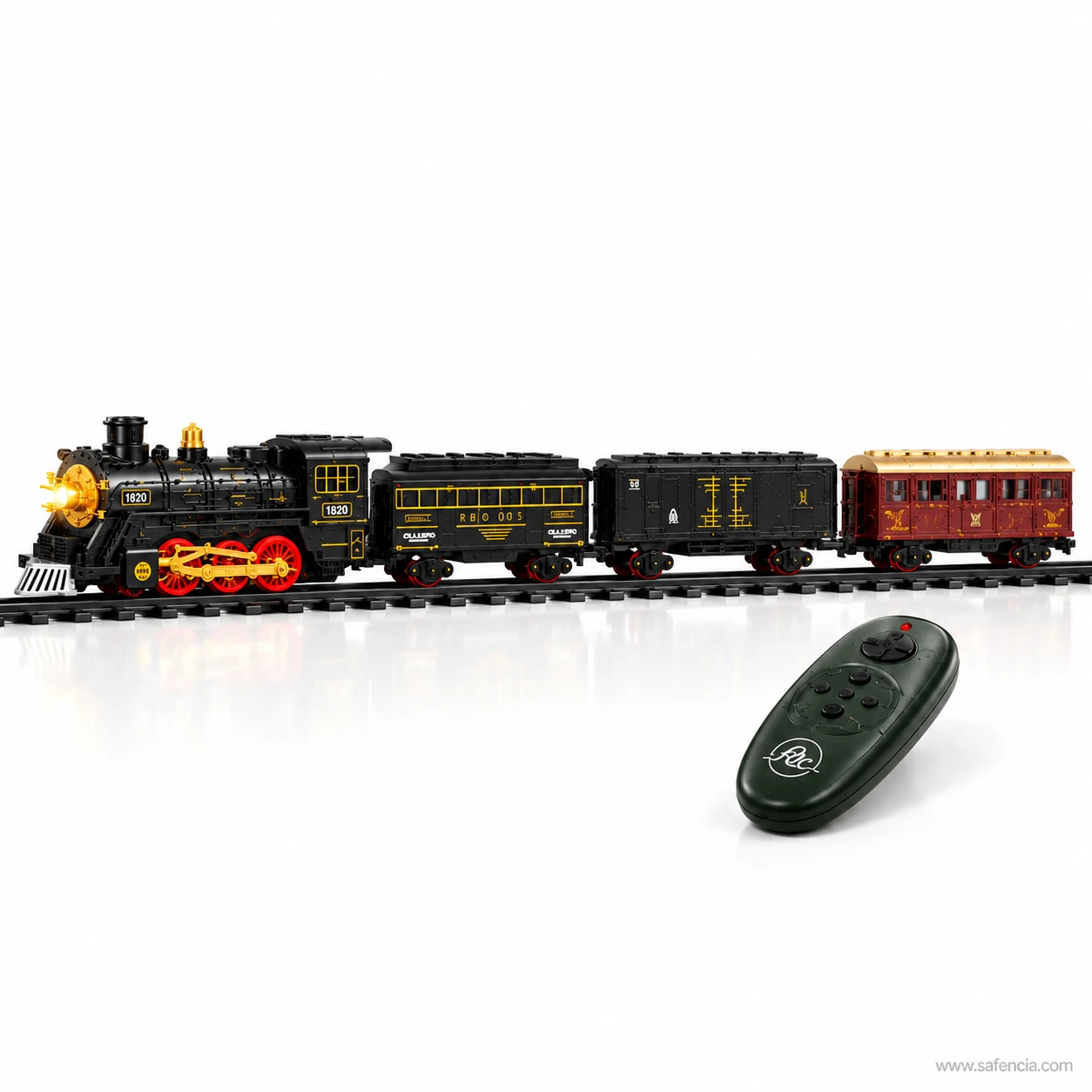 Full four-vehicle rake of the remote control classic train set on track with the oval handset in front