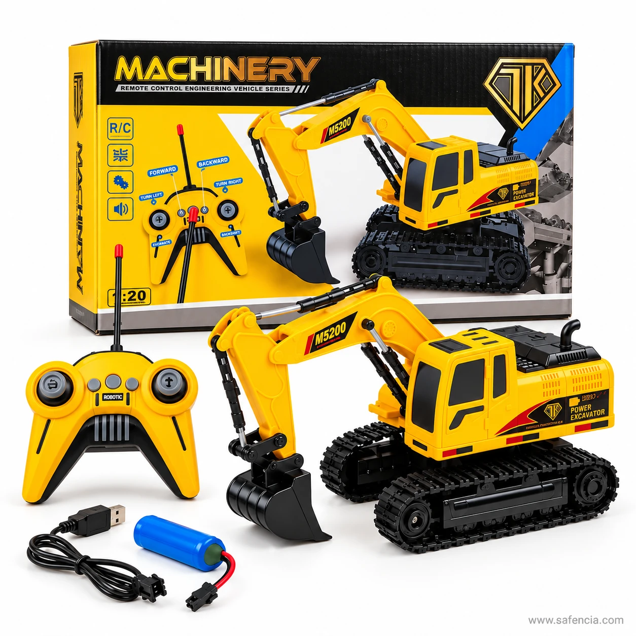 Remote control excavator in front of its MACHINERY box with the yellow remote, blue rechargeable battery and USB cable