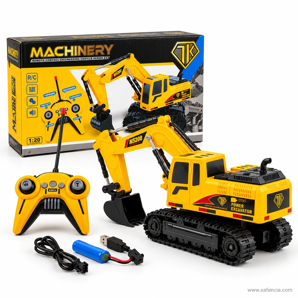 Side view of the remote control excavator showing POWER EXCAVATOR printed on its yellow body and the black crawler tracks