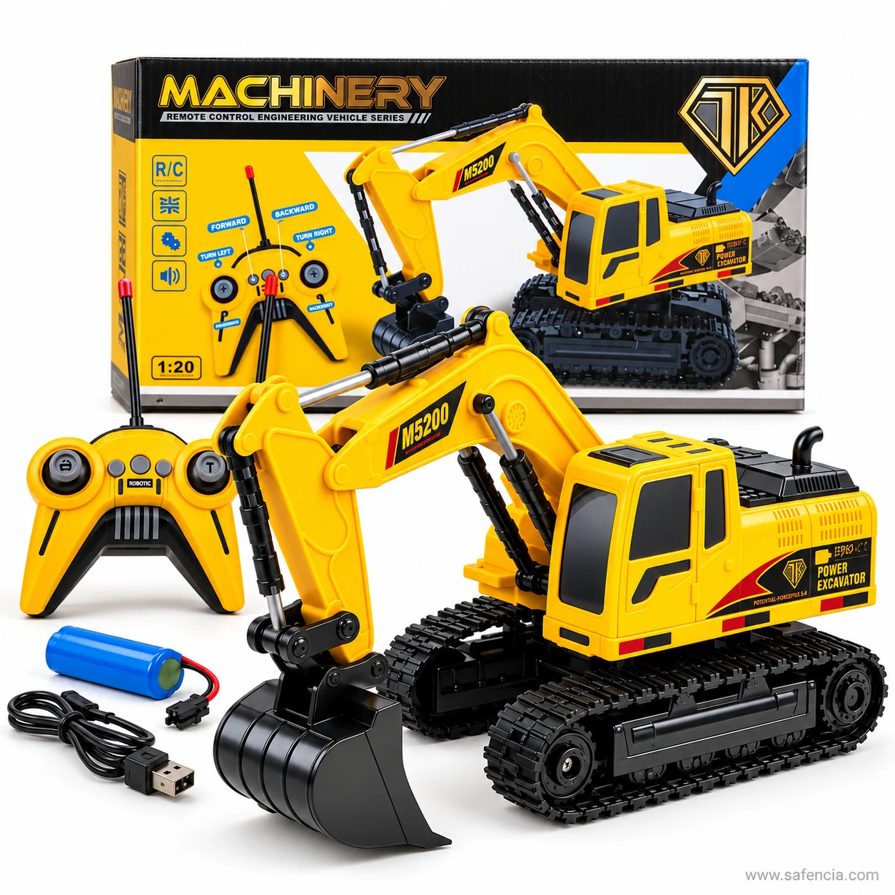 Close view of the RC excavator's black toothed bucket lowered to the ground at the end of its yellow M5200 arm