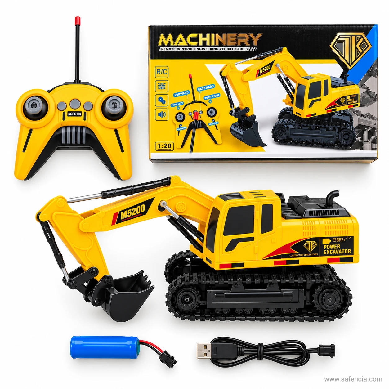 Yellow game-pad style remote with an aerial beside the M5200 excavator, its rechargeable battery and the USB cable