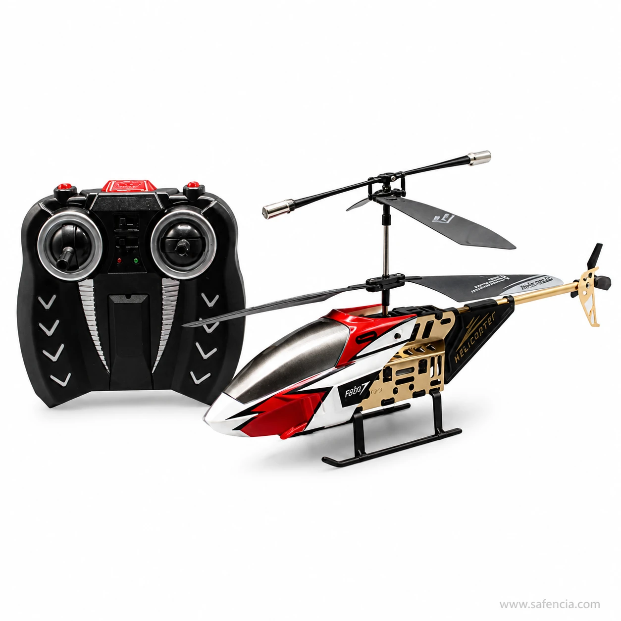 Complete RFD-018 gyro helicopter set laid out with handset and charging accessories