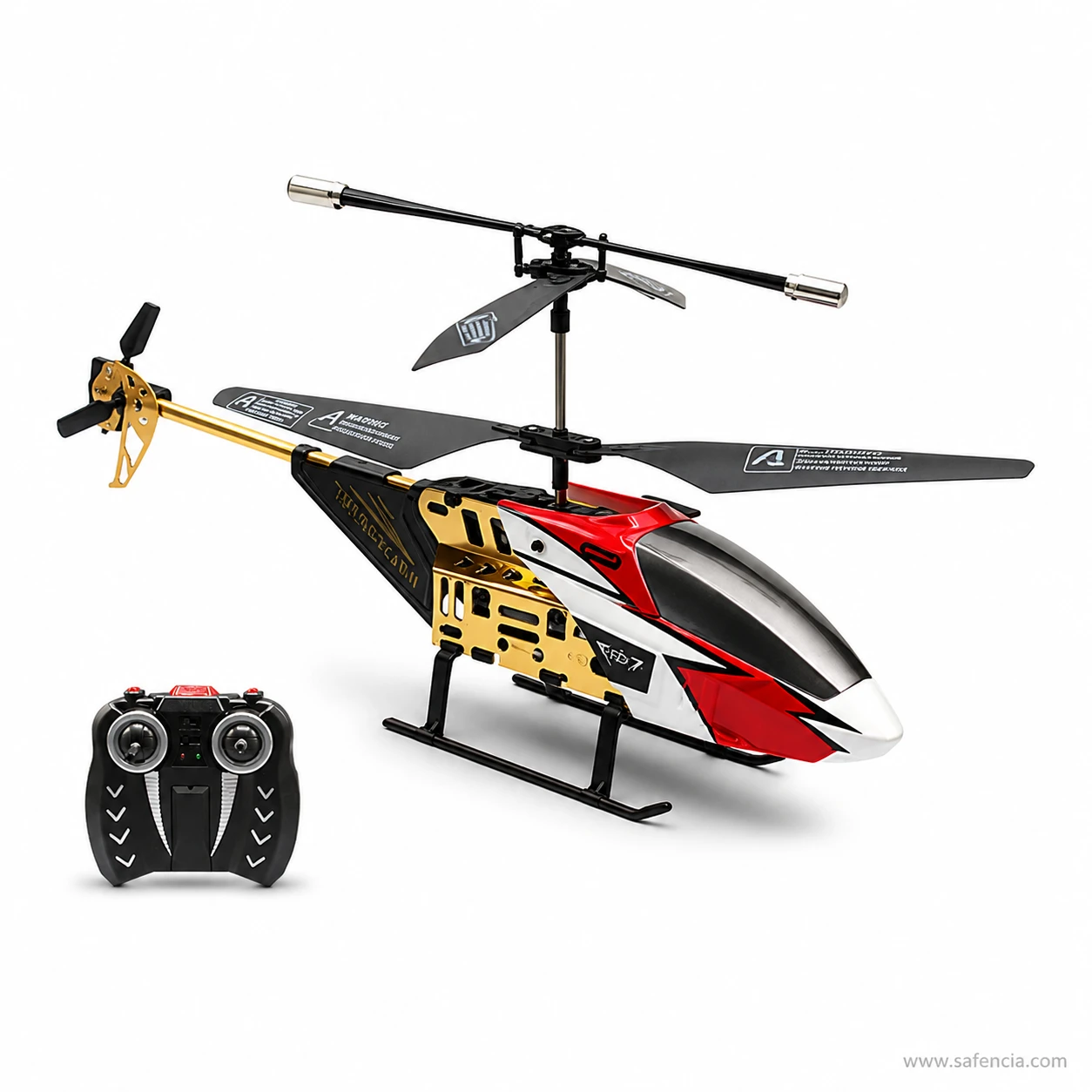 RFD-018 helicopter showing gold anodised alloy frame plates beside its compact twin-stick handset