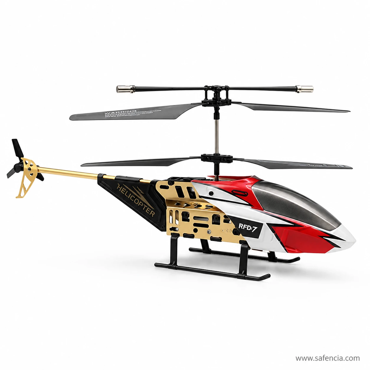 Side view of the RFD-018 helicopter red and chrome canopy over the gold metal frame