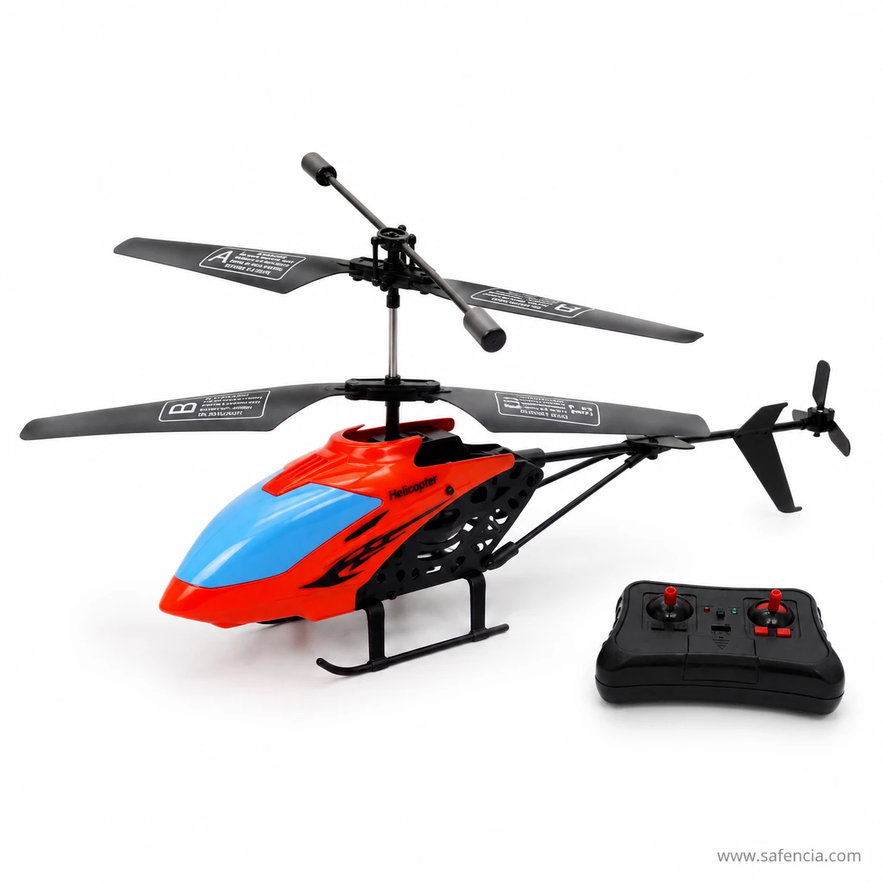 LH-1302 helicopter in the orange red and blue livery with its transmitter