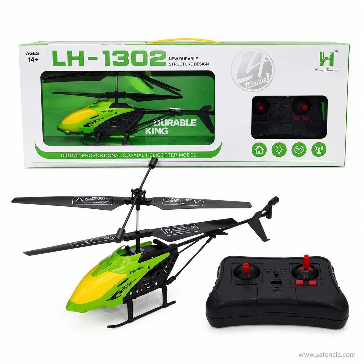 Full LH-1302 helicopter gift set with box, helicopter and remote control laid out