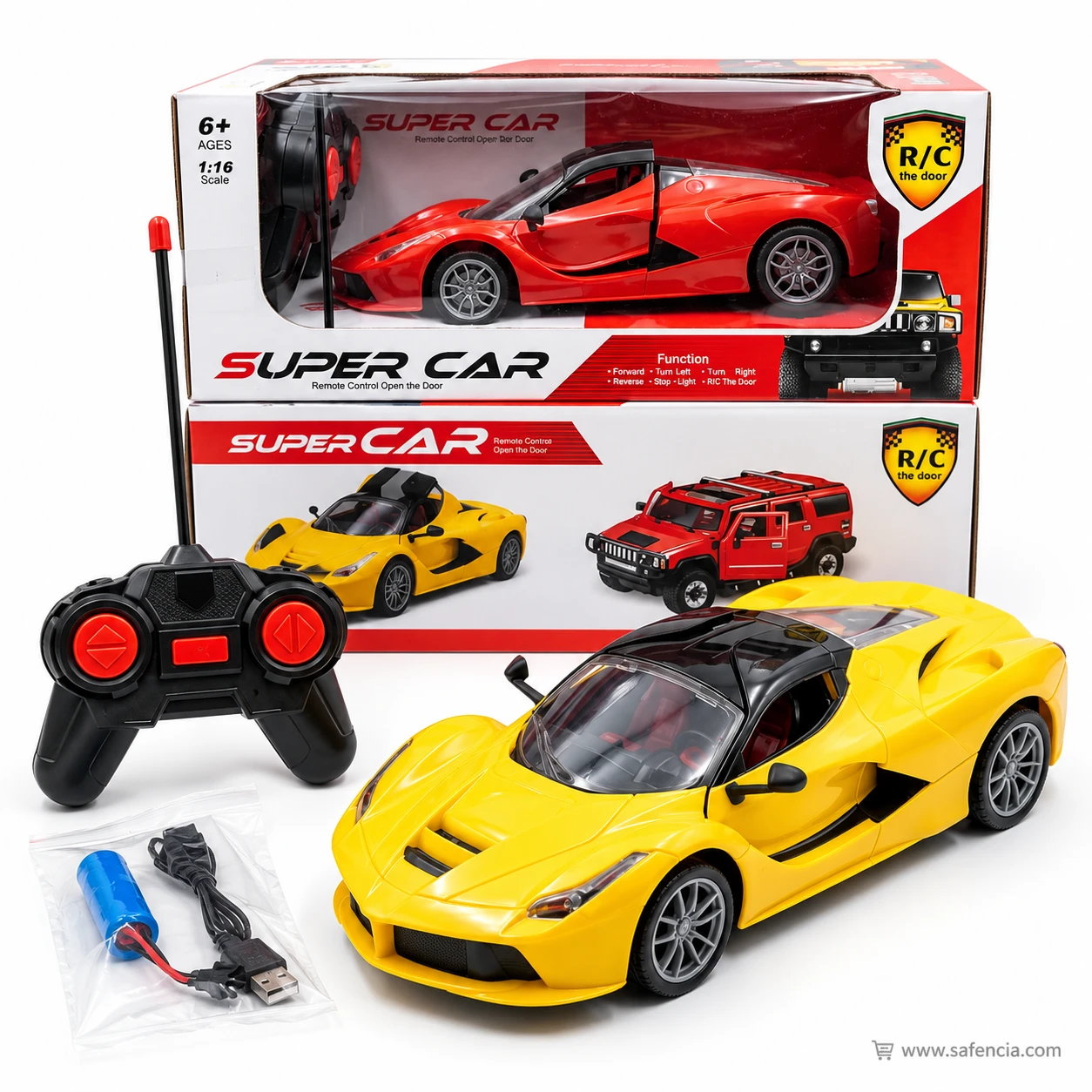 RC super car boxes marked 6+ ages and 1:16 scale, with the yellow car, remote and battery pack in front
