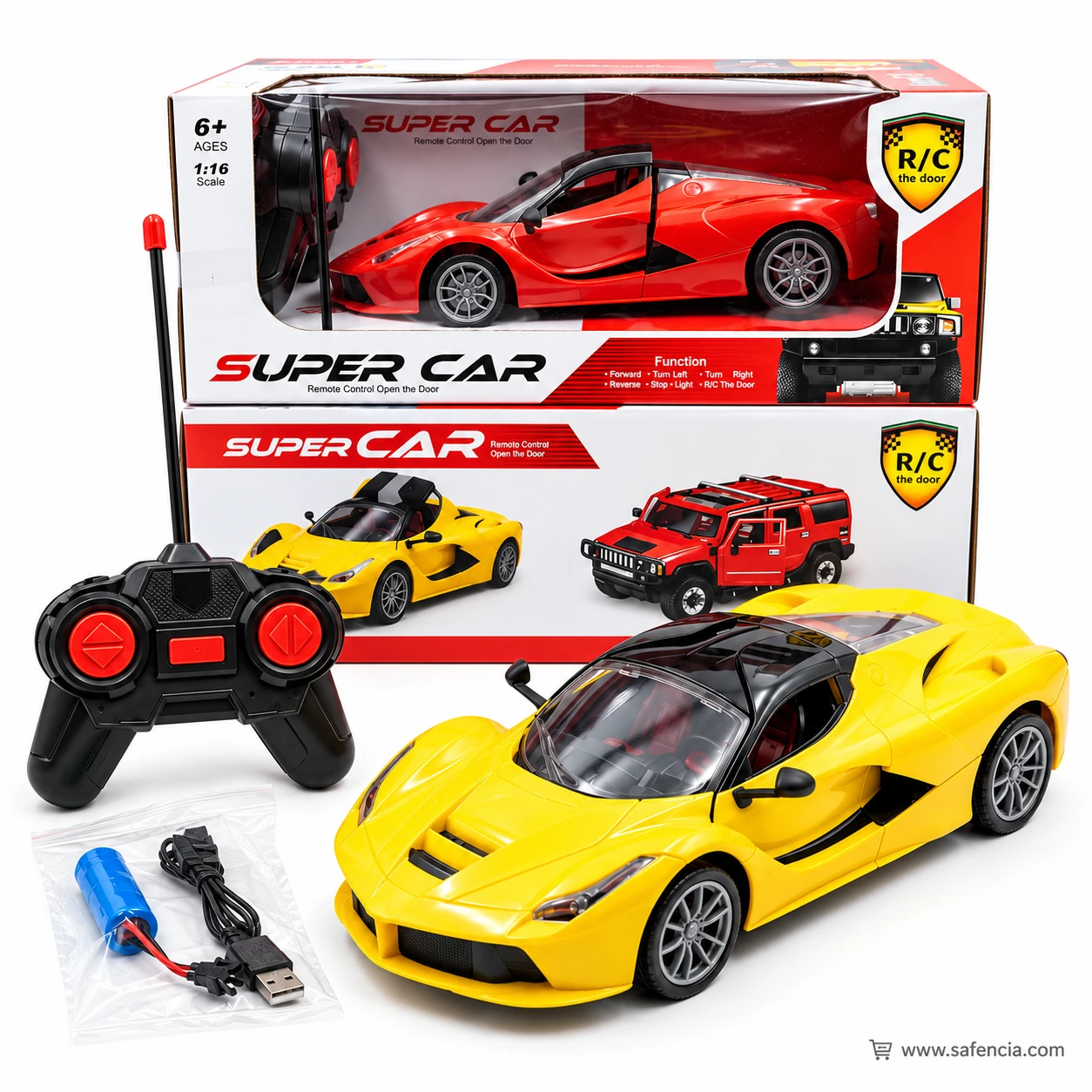 Two Super Car remote control boxes stacked behind the yellow car, its remote and the bagged battery and cable