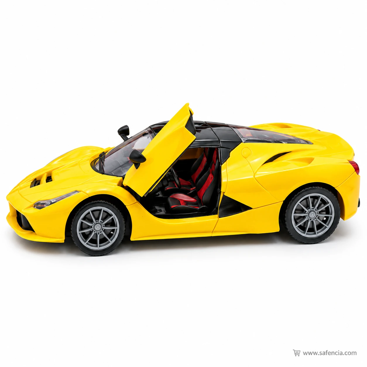 Side view of the yellow RC super car with its door swung up, showing the red and black sports seats inside