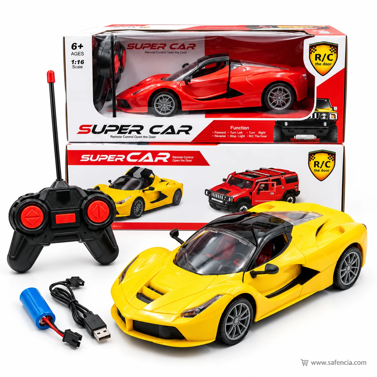Super Car box listing forward, turn left, turn right, reverse, stop, light and R/C door, with the yellow car in front