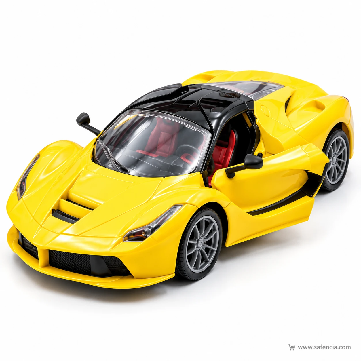 Yellow RC super car with the passenger door lifting open, red seats visible through the clear windscreen