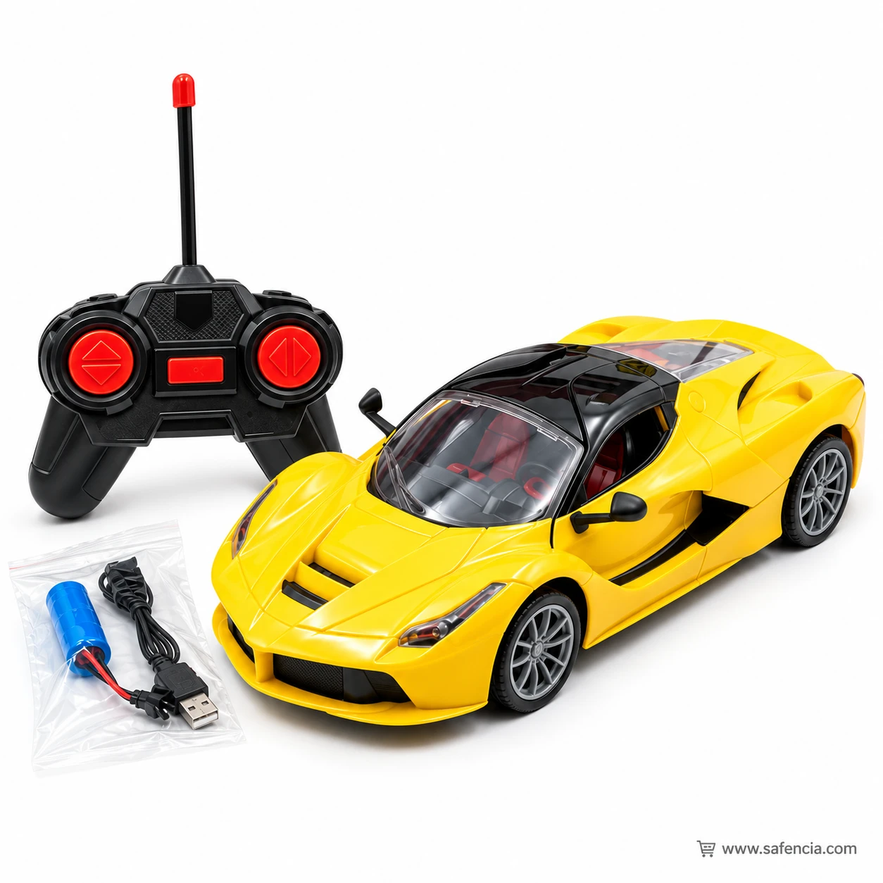 Yellow remote control super car with its remote and the blue rechargeable battery pack with USB charging cable
