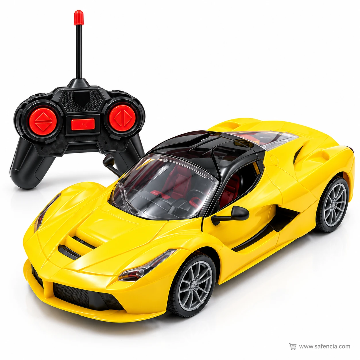 Yellow remote control super car from the front left with the black two-handed remote and antenna behind it