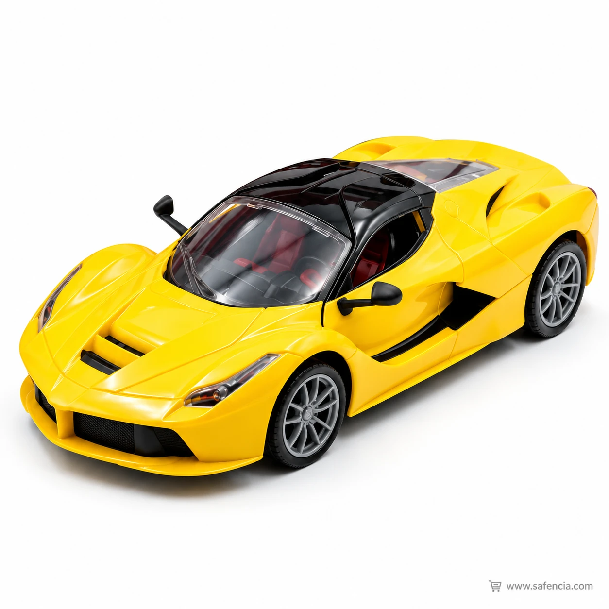 Yellow RC super car from the front left showing its low nose, bonnet vents, tinted windscreen and black roof