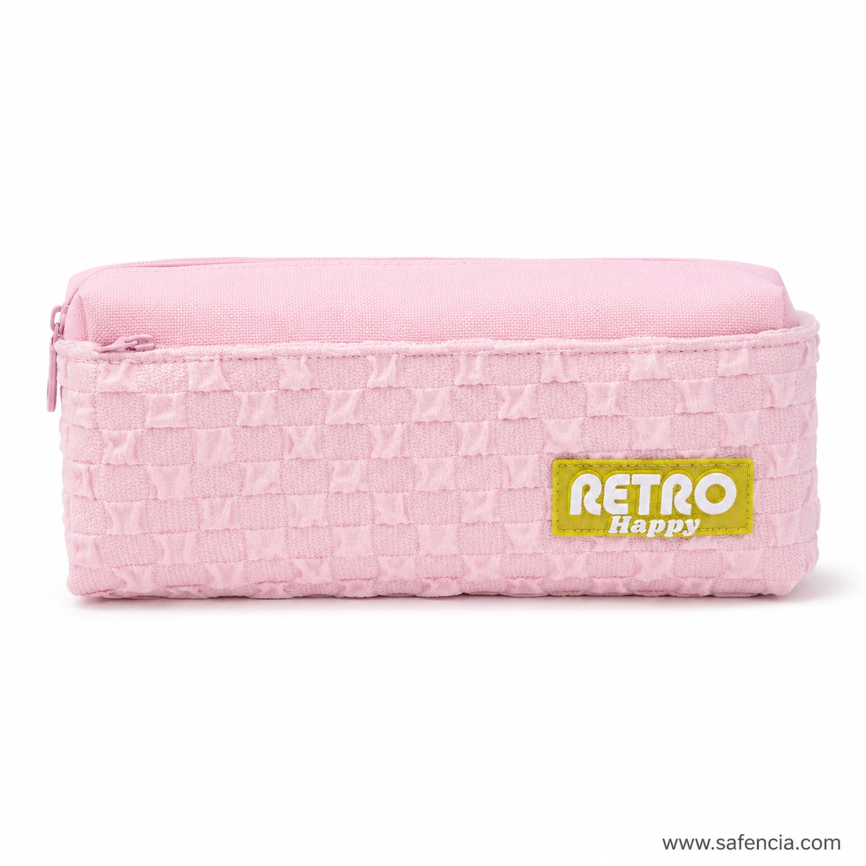 Blush pink basket-weave pencil pouch with a mustard yellow badge