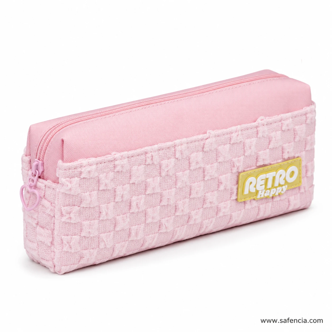 Retro Happy pencil pouch showing its boxy square-sided standing shape
