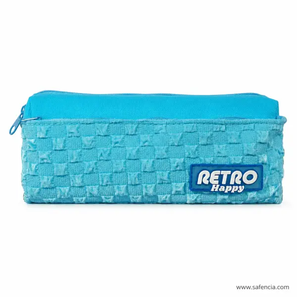 Retro Happy Basket-Weave Pencil Pouch — Blue or Pink
