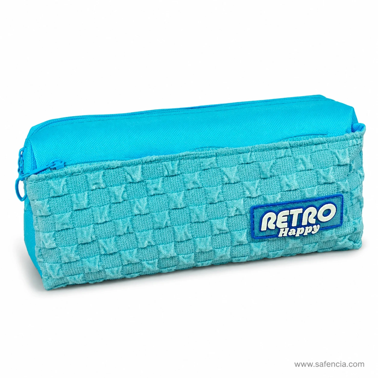 Close view of the raised basket-weave grid on the turquoise pouch