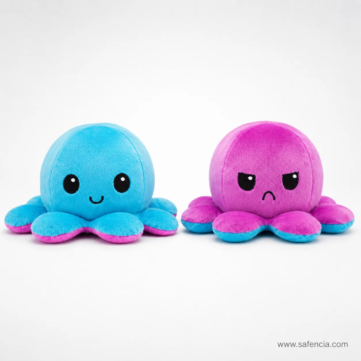 Reversible Flip Octopus Plush blue and pink front view showing happy and sad sides
