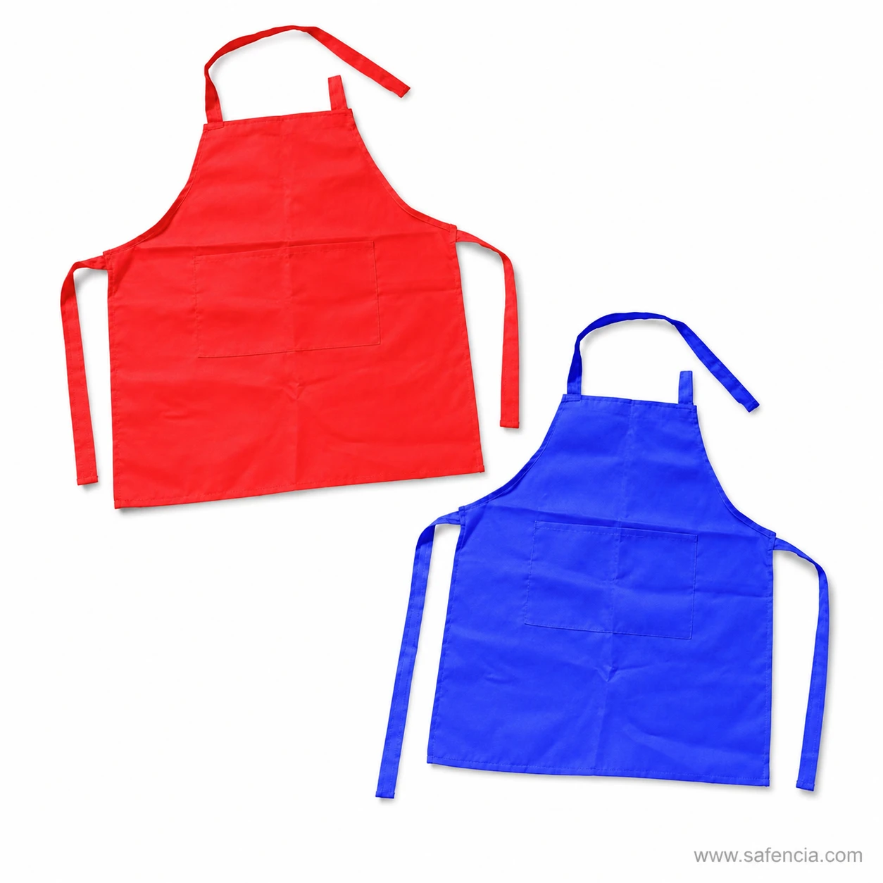 Red and blue rexine child's aprons overlapping showing the pocket and tie construction