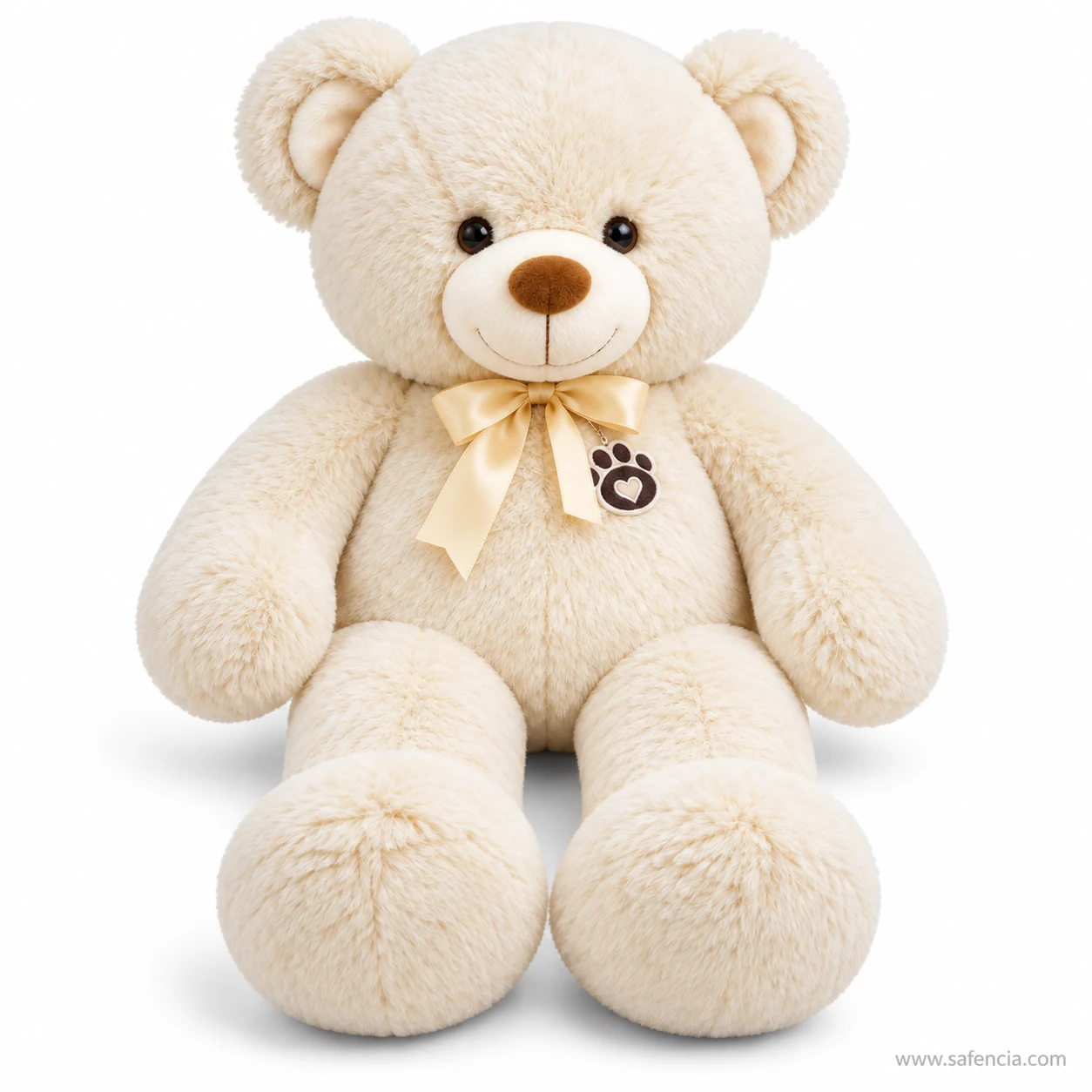Cream ribbon teddy bear 70 cm with a pale gold satin bow and a brown embroidered nose