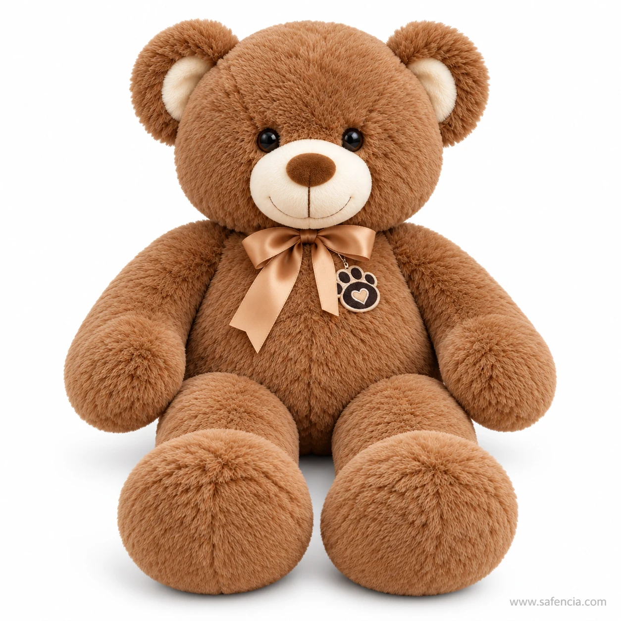 Dark brown ribbon teddy bear with a cream muzzle, caramel satin bow and large padded feet