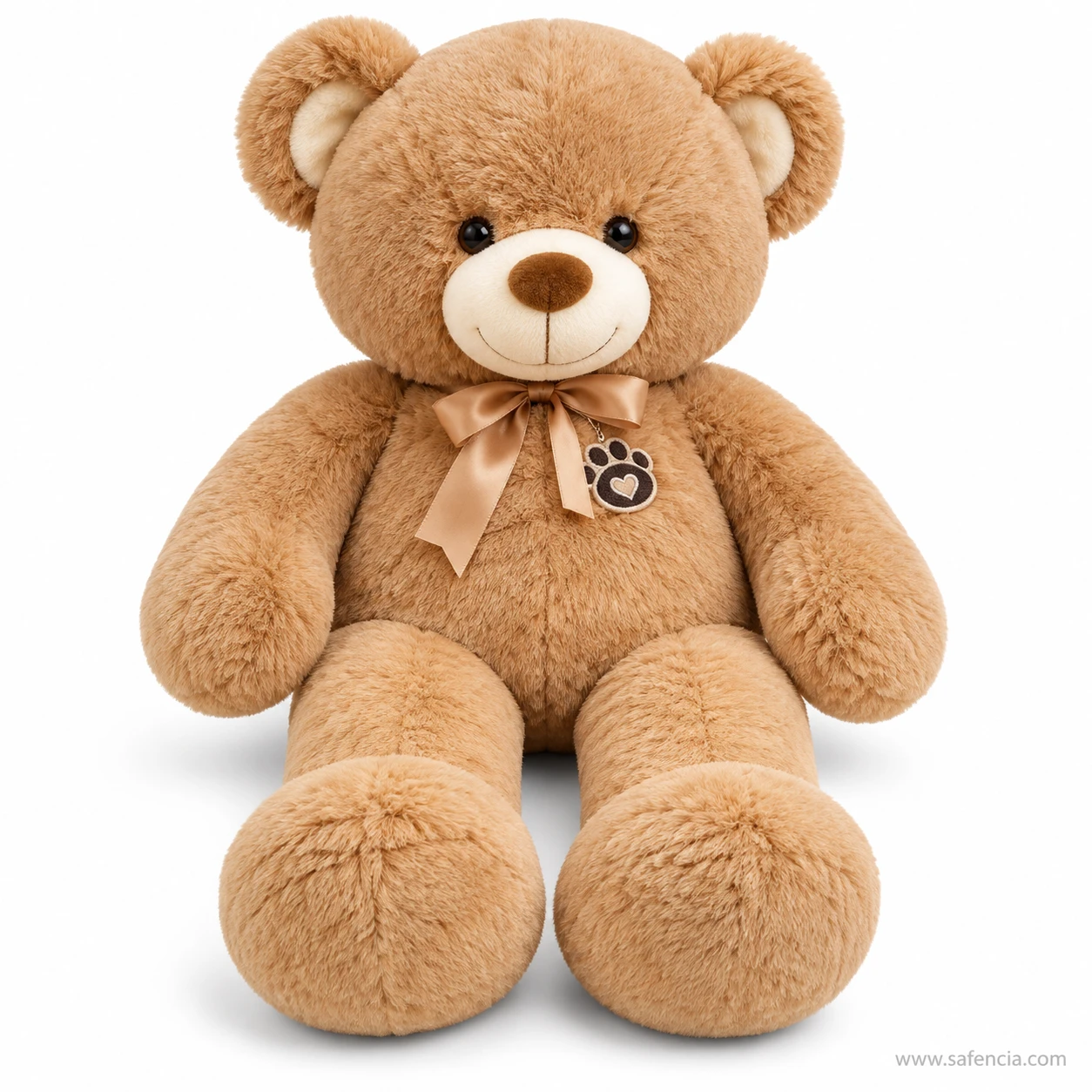 Light brown ribbon teddy bear sitting up with a caramel satin bow and embroidered paw-print heart tag