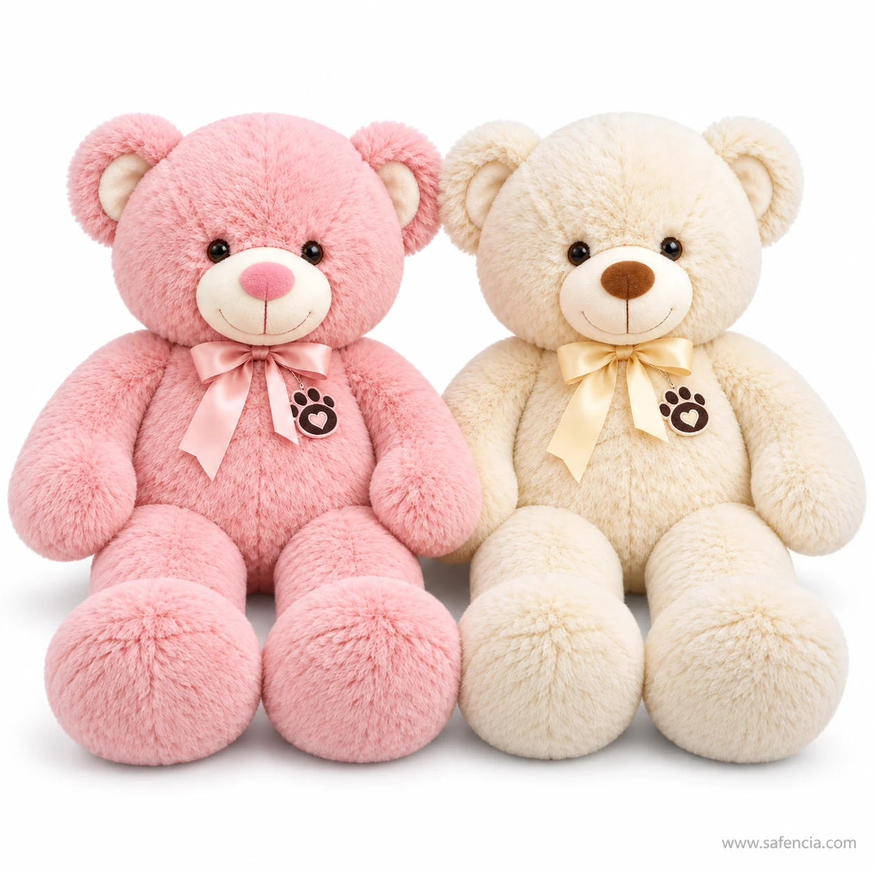 Pink and cream ribbon teddy bears sitting together, each with a satin bow and paw-print tag