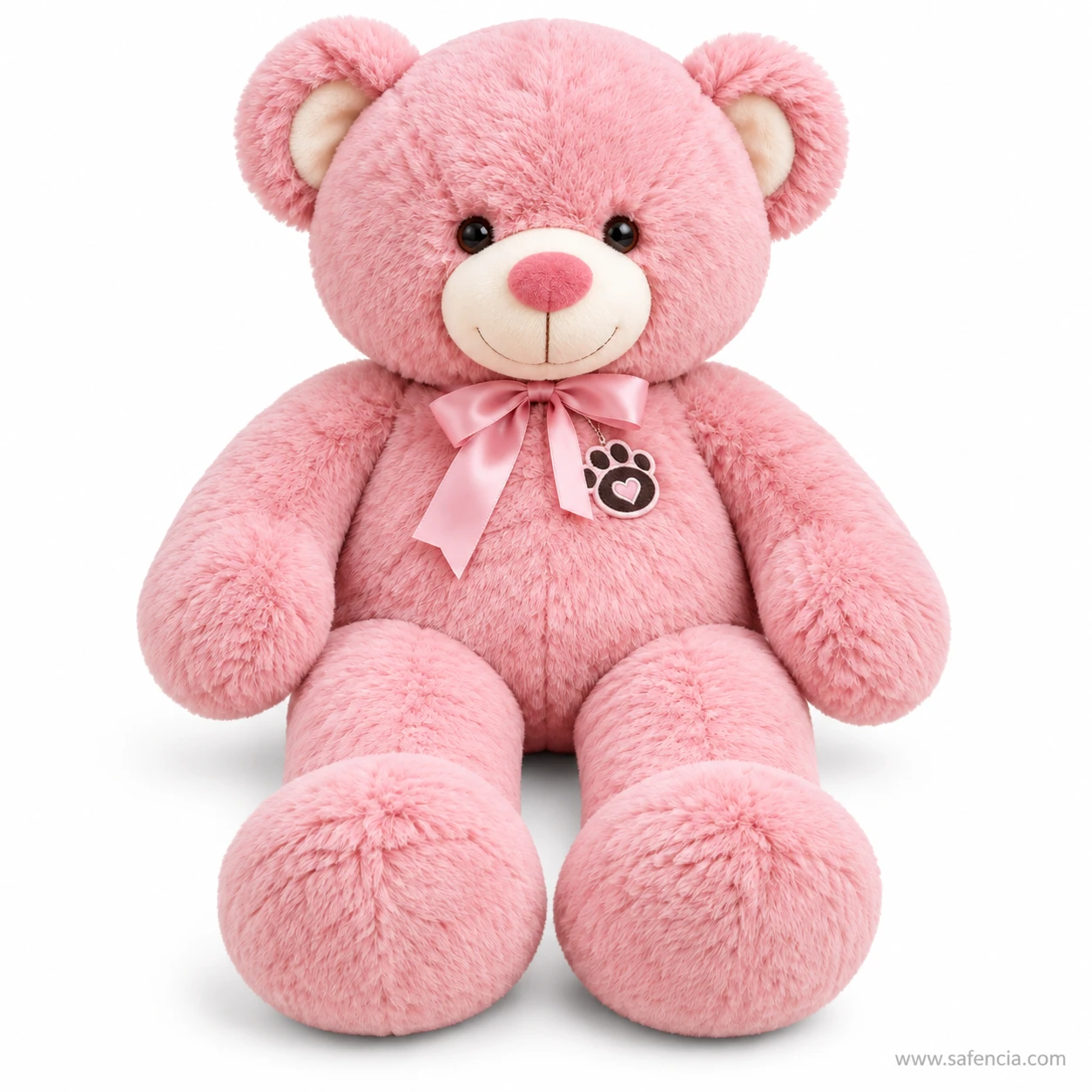 Pink ribbon teddy bear 70 cm with a pink satin bow, pink nose and embroidered paw-print heart tag