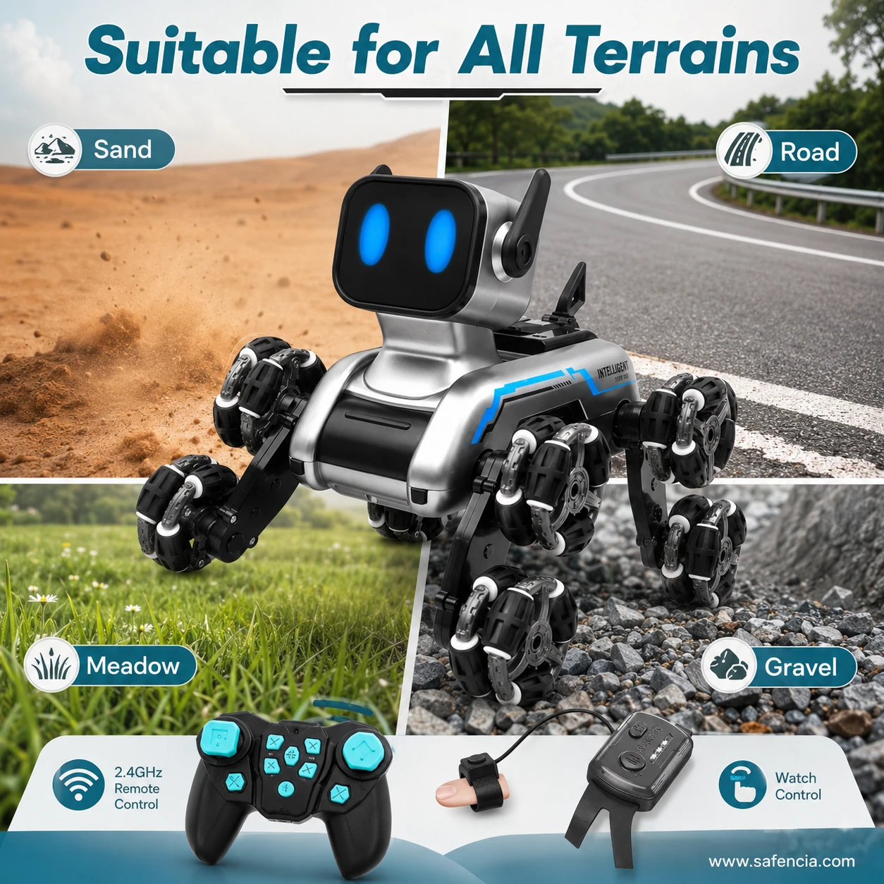 RC Stunt Spray Robot Dog all-terrain demonstration across sand, paved road, grassy meadow, and rough gravel surfaces