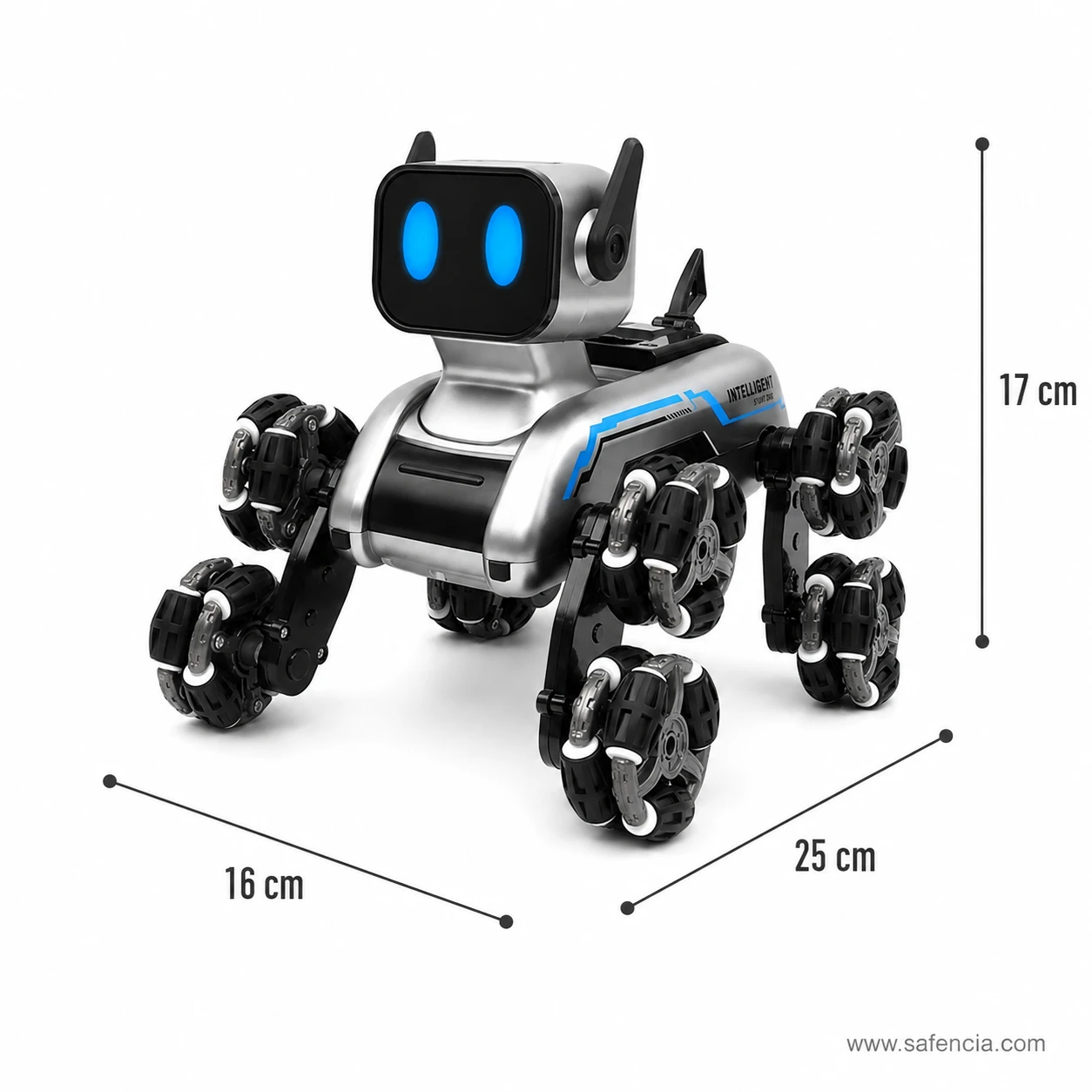 RC Stunt Spray Robot Dog dimensions diagram measuring 25cm length, 16cm width, and 17cm height with blue LED eyes