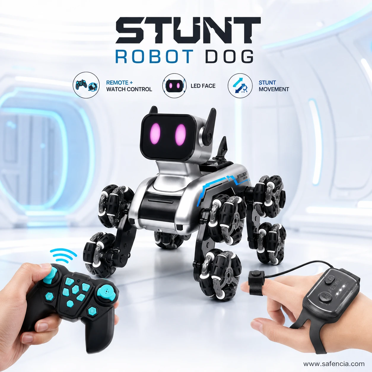RC Stunt Spray Robot Dog with gesture watch controller and 2.4GHz remote controller in futuristic studio