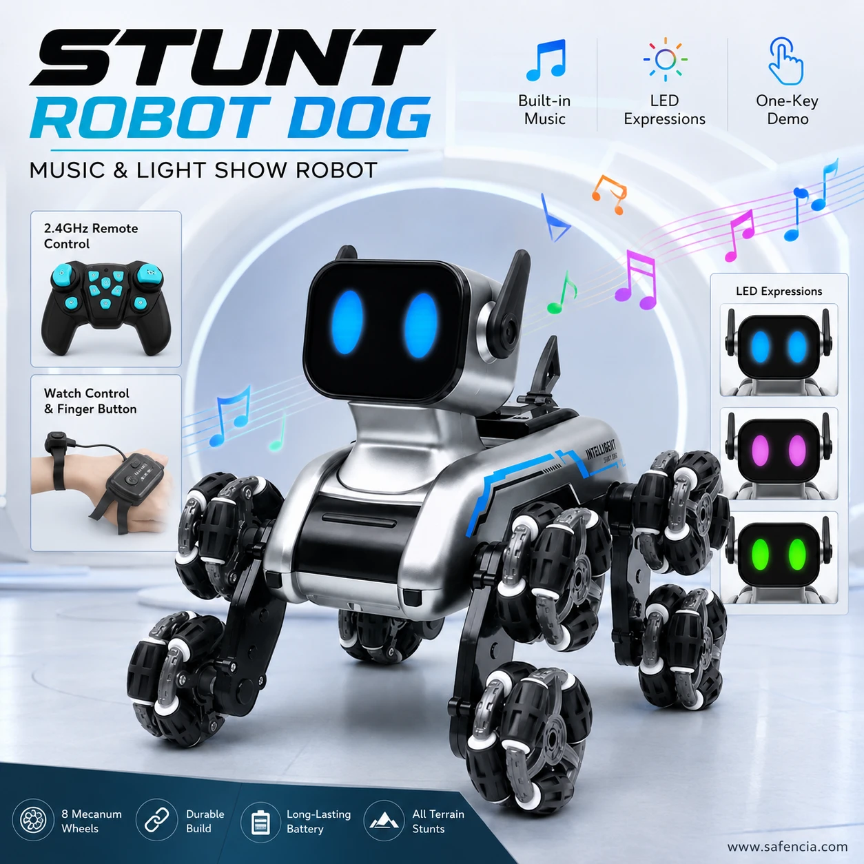 RC Stunt Spray Robot Dog infographic showing built-in dynamic music, 3 LED eye color expressions, and one-key demo