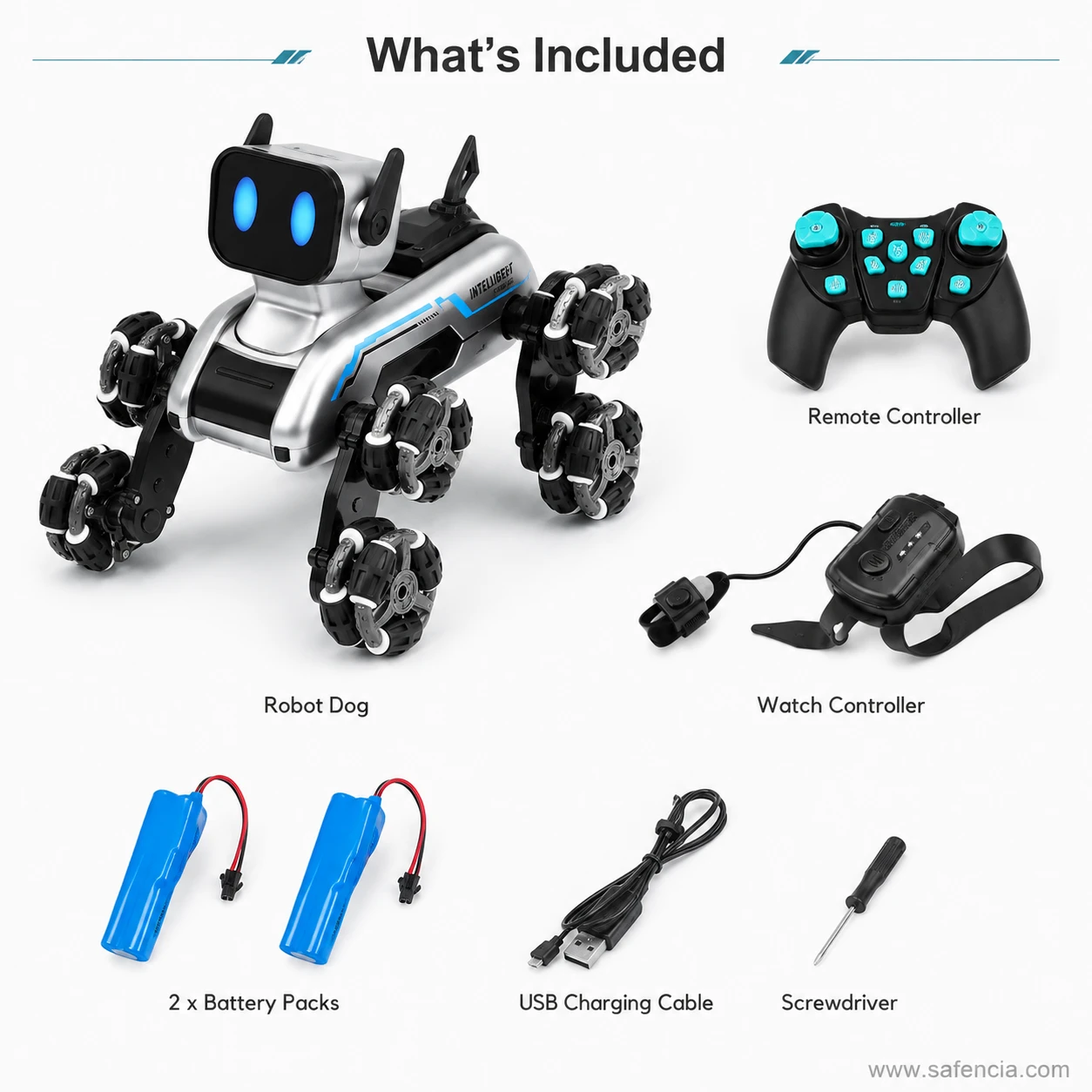 RC Stunt Spray Robot Dog package contents including robot dog, remote controller, gesture watch, battery, USB cable, and screwdriver