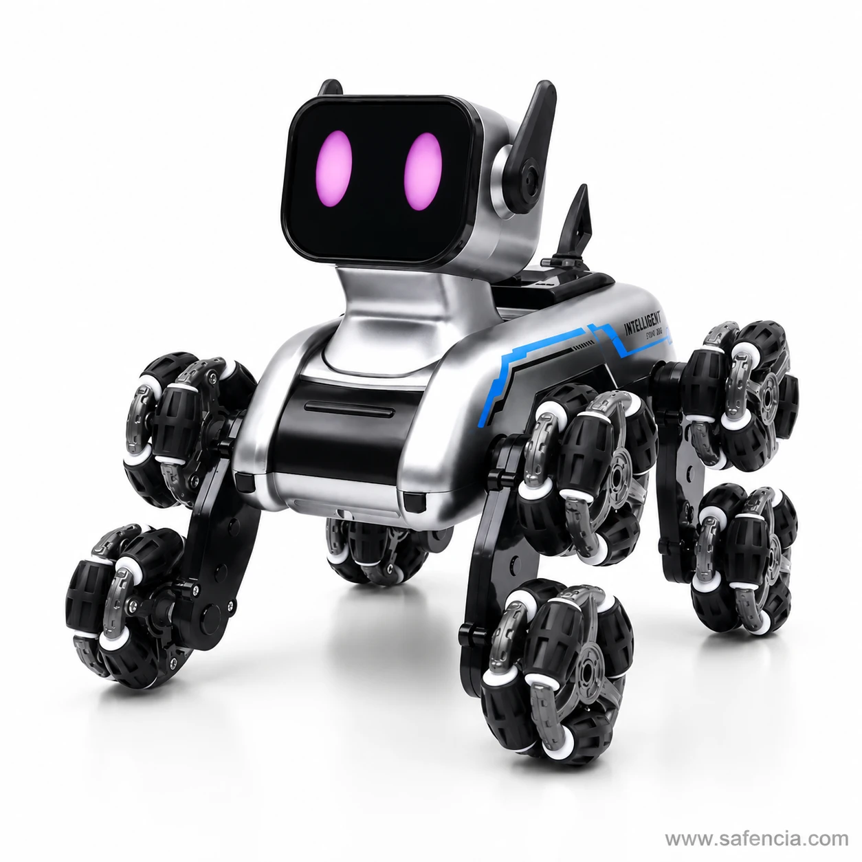 RC Stunt Spray Robot Dog close-up showing pink LED eye expressions, silver chassis, and 8 omni-directional mecanum wheels