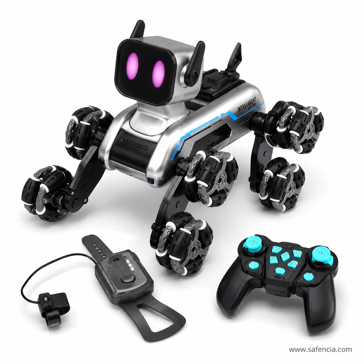 RC Stunt Spray Robot Dog with gesture watch controller wristband, finger sensor, and 2.4GHz gamepad remote