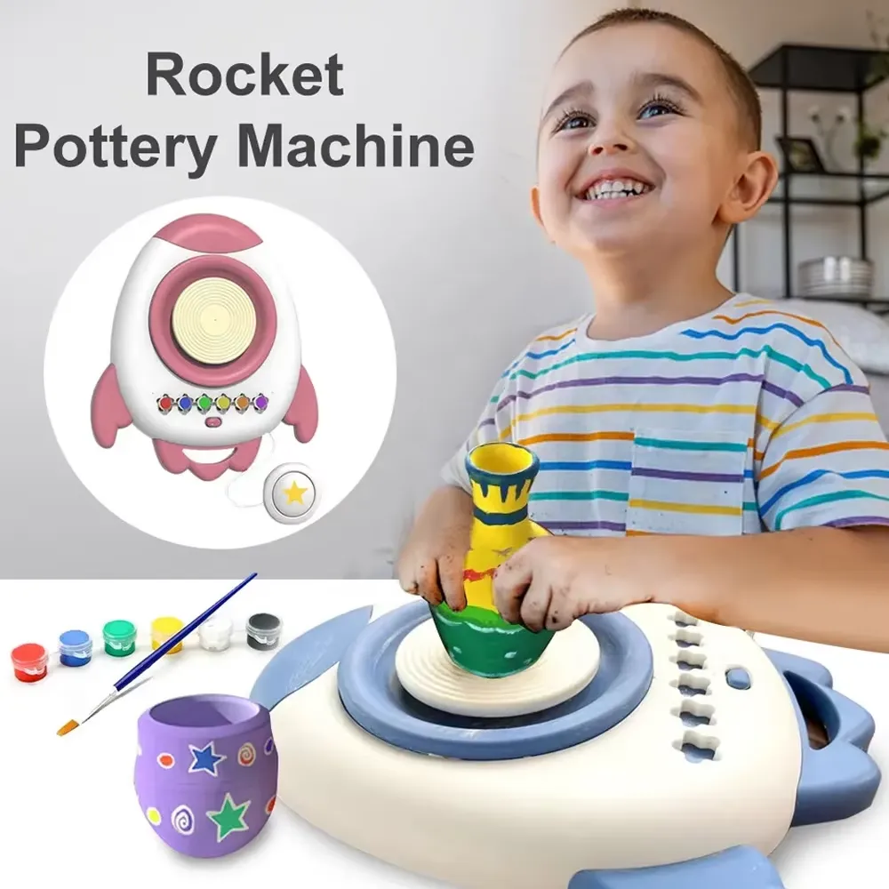 Child shaping a clay vase with both hands on the Rocket Electric Pottery Wheel Machine