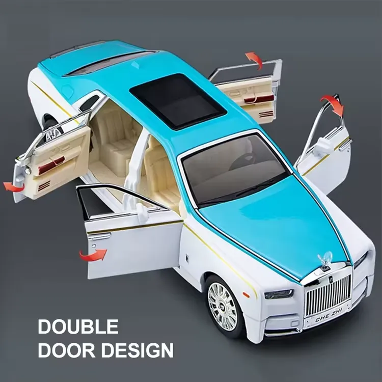 Two-tone blue Rolls-Royce Phantom diecast model with rear-hinged coach doors open