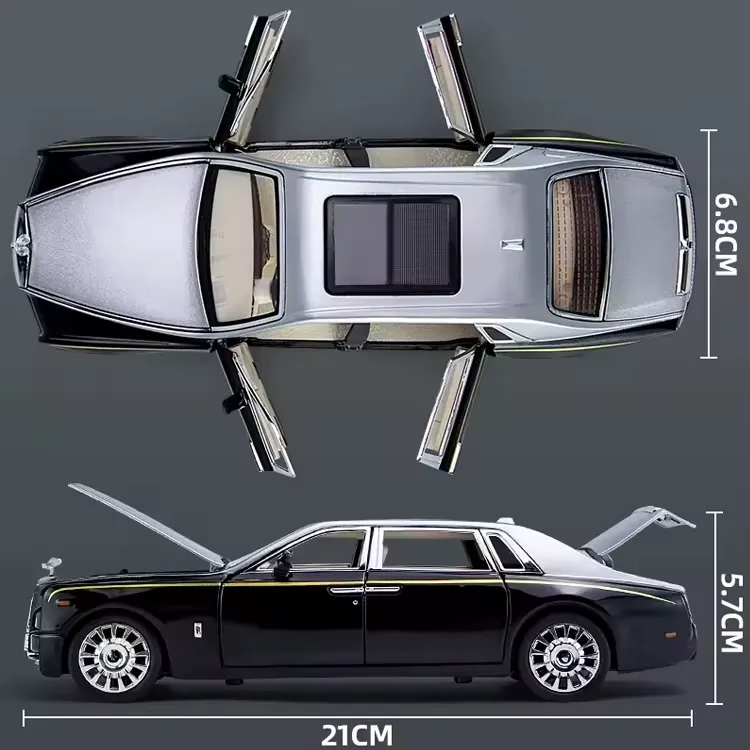Silver and black Rolls-Royce Phantom diecast models with doors open and size dimensions