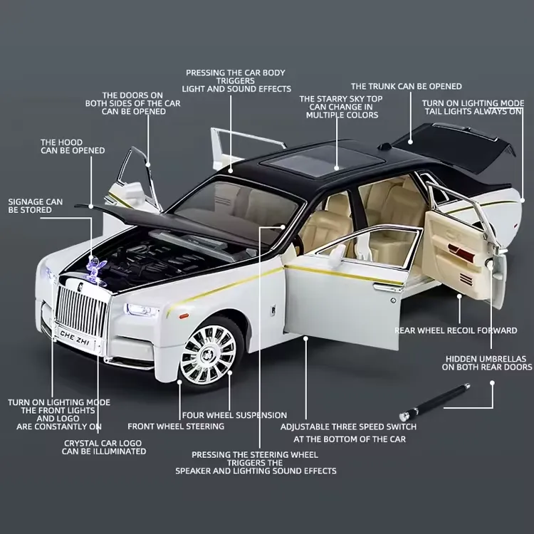 White Rolls-Royce Phantom diecast model labelled with coach doors, suspension and light features