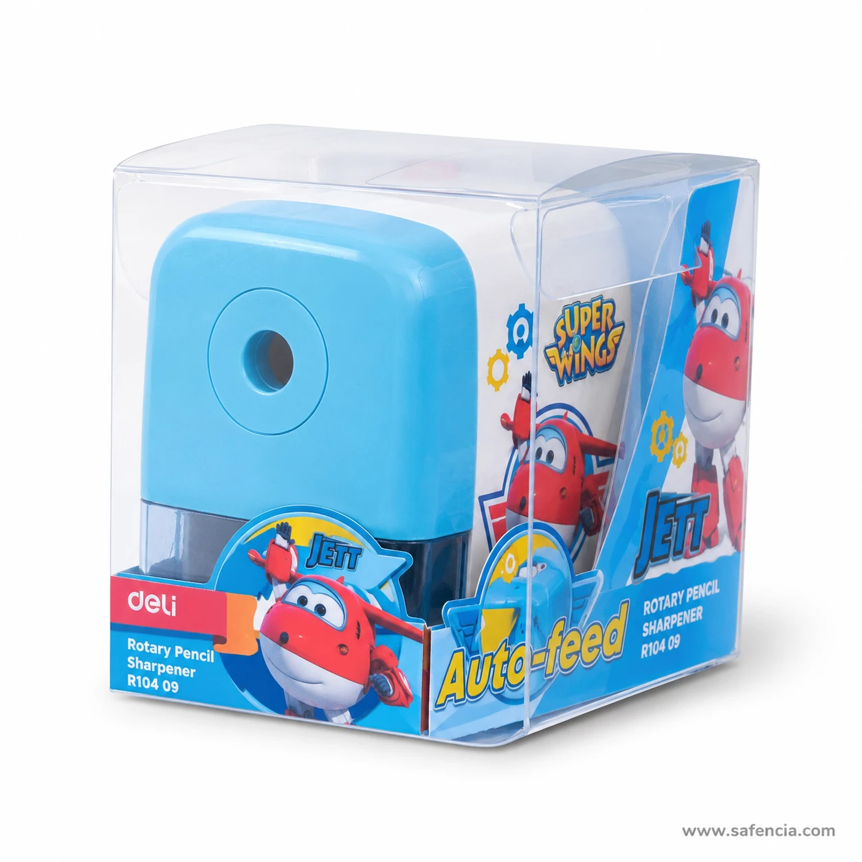Deli 10409 rotary pencil sharpener angled box view with blue front and transparent lower section
