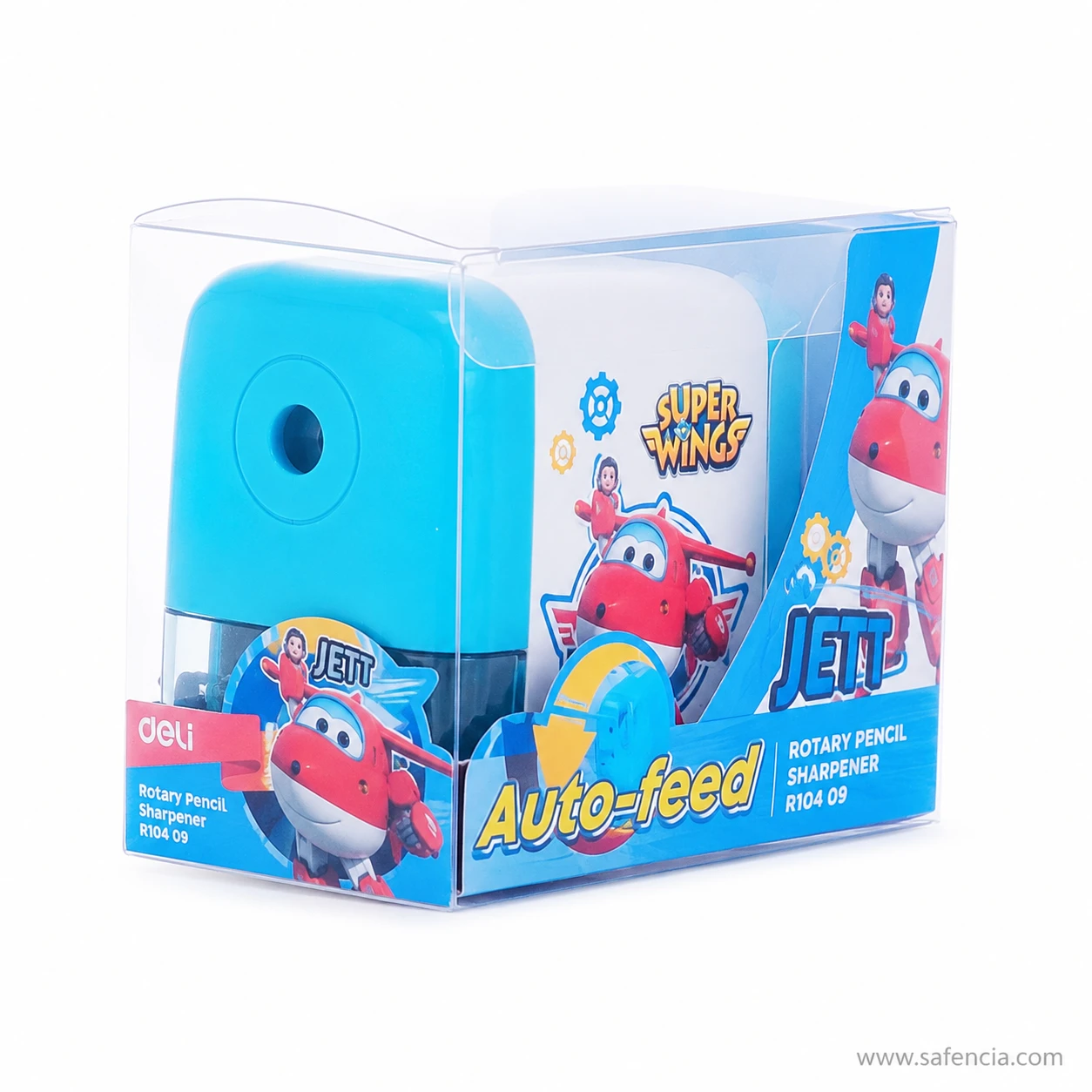 Deli Rotary Pencil Sharpener R104 09 packaging with Jett artwork and Auto-feed wording